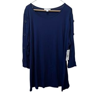 Kim‎ Rogers Navy Blue Button Sleeve Scoop Neck Top 1X E-Tropical Oasis NEW